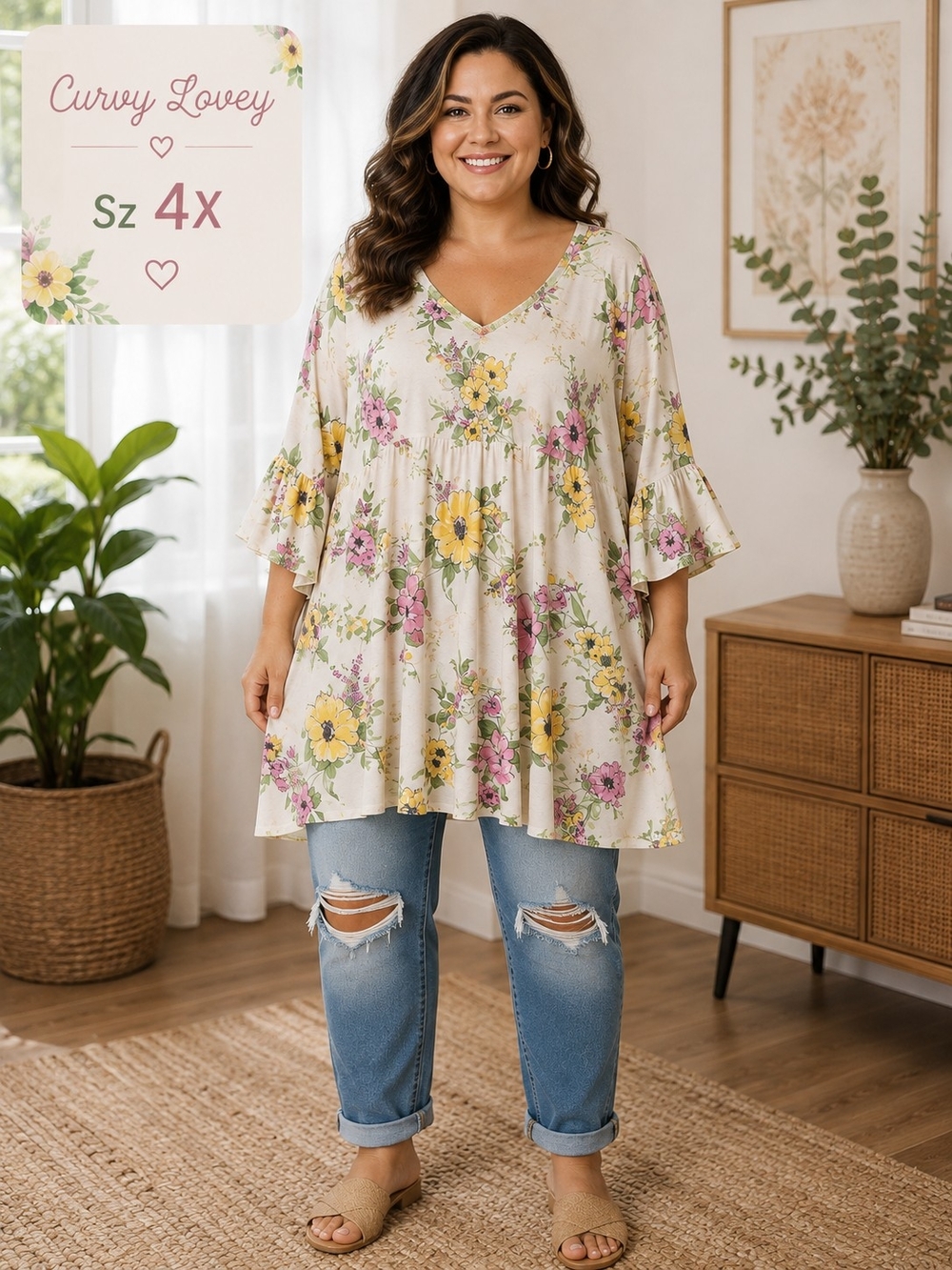 4X Cream Floral V-Neck Peplum Tunic
